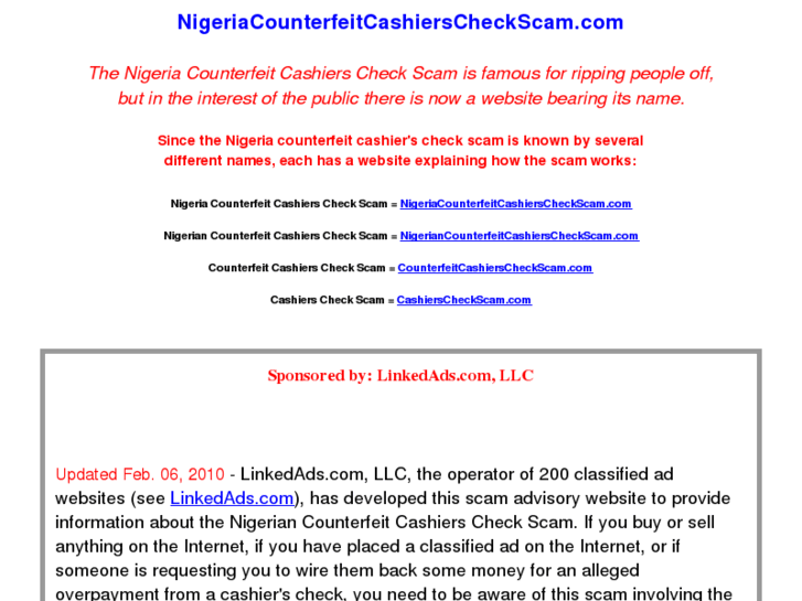 www.nigeriacounterfeitcashierscheckscam.com