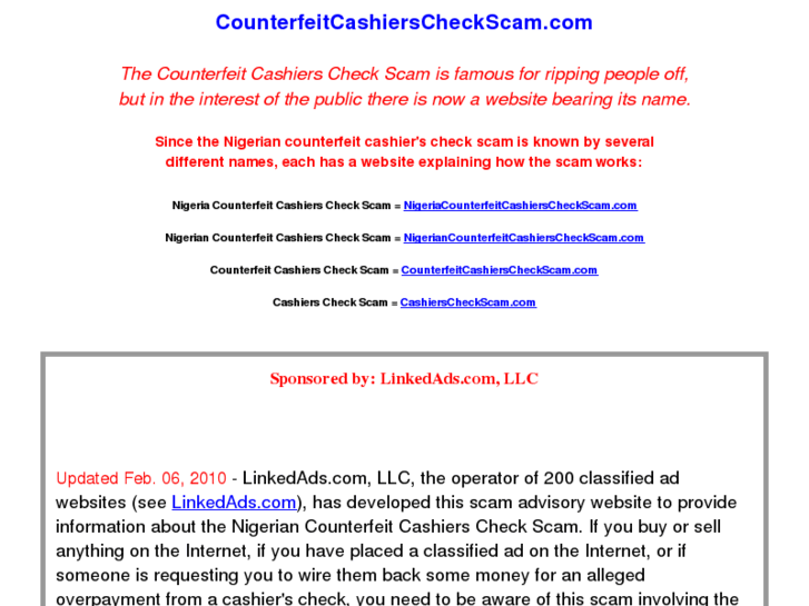 www.counterfeitcashierscheckscam.com