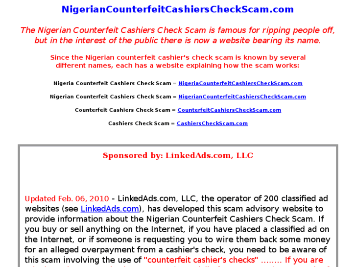 www.nigeriancounterfeitcashierscheckscam.com