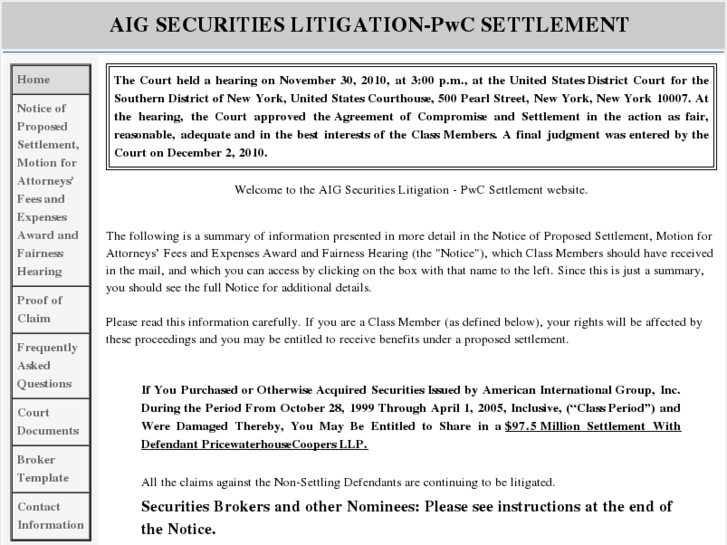 www.aigsecuritieslitigationpwcsettlement.com