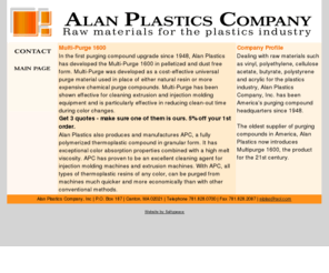 alplastic.com: Alan Plastics Company- Purging Compound Supplier
Alan Plastics supplies purging compounds for cleaning plastic extrusion machines, plastic injection molding machines. Discount offered on first order.