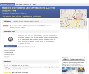 raymond-verrier.com: Magnolia Chiropractic Clinic/Dr.Raymond L.Verrier | Tallahassee, FL 32303 | DexKnows.com™
Magnolia Chiropractic Clinic/Dr.Raymond L.Verrier in Tallahassee, FL 32303. Find business information, reviews, maps, coupons, driving directions and more.