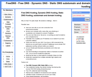 hamesnetwork.com: FreeDNS - Free DNS - Dynamic DNS - Static DNS subdomain and domain hosting
Free DNS hosting, lets you fully manage your own domain.  Dynamic DNS and Static DNS services available.  You may also create hosts off other domains that we host upon the domain owners consent, we have several domains to choose from!