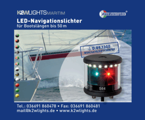 bluewaterlights.com: LED-Navigationslichter
Diese sind außerordentlich robust gebaut, wasserdicht und gehören zu den sparsamsten Navigationslaternen auf dem Weltmarkt. In einem veröffentlichten Test der Zeitschrift „segeln