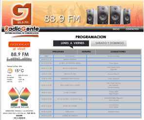 radiogentelapaz.com: ::..RADIO GENTE - SISTEMA NACIONAL DE COMUNICACION ..::
Radio por internet, RADIO GENTE 88.9 FM sistema nacional de comunicacion, Calle Cuba 1845 Zona Miraflores. Telf. 591-2- 2222368 591-2-2223218 La Paz - Bolivia