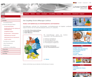 districtmanager.de: DistrictManager : Lutum Tappert
Wir entwickeln Standard-Software und maßgeschneiderte Lösungen für
		Marketing, Vertrieb, Controlling und Statistik. Wir integrieren digitale Landkarten in
		Management-Informationssysteme und liefern ClickMaps für Ihren Internet-Auftritt. Einfachste
		Bedienung macht unsere Produkte gerade im Management außerordentlich beliebt. Unsere
		erstklassigen Referenzen belegen dies sehr eindrucksvoll.