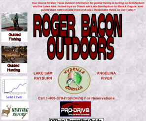 rogerbaconoutdoors.com: Roger Bacon Outdoors tips on Sam Rayburn, fishing, hunting, guiding and Texas.
Your Source for East Texas Outdoor Information for guiding, hunting, fishing on Sam Rayburn and Lakes Area.  Guided trips on Toledo and Lake Sam Rayburn for Bass, Crappie (Perch), also guided duck hunts on area rivers and lakes.  Very Low Rates so Call Today!!