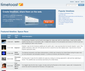 timetoast.com: Create timelines, share them on the web | Timetoast timelines
Timetoast is a place to create timelines that you can add to your blog or website. You can create historical timelines of important events, or build a timeline of your vacation. It's all up to you.