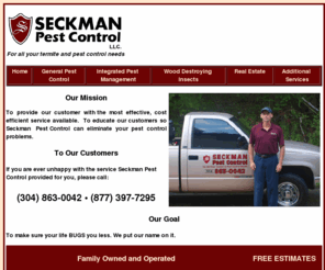 seckmanpestcontrol.org: Seckman Pest Control
For all your termite and pest control needs. General pest control. Integrated pest management. Wood destroying insects. Roaches, ants, termites, rodents.