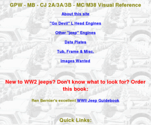 ww2jeep.com: GPW - MB - CJ 2A/3A/3B - MC/M38 Visual Reference
Contains information related to the restoration of WWII and post war civilian jeeps.