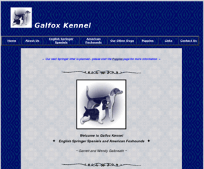 galfoxkennel.com: Welcome to Galfox Kennel: English Springer Spaniels and American 
Foxhounds
Galfox is a small hobby kennel in Washington state specializing in breeding and showing English Springer Spaniels and American Foxhounds.