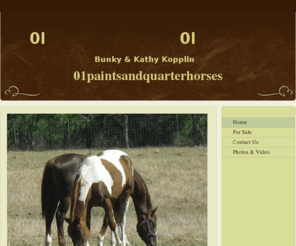 01paintsandquarterhorses.com: 01paintsandquarterhorses - Home
Welcome to Bunky and Kathy Kopplin's 01paintsandquarterhorses. We offer quality paints and quarter horses bred to work, perform and show with a touch of class and color.