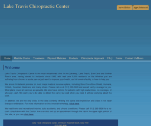 laketravischiropractic.com: Lake Travis Chiropractic Center
The main website for the Lake Travis Chiropractic Center.  Learn more about the chiropractic approach and relevant treatment options, products, and medicine, or make an appointment with Dr. Arlen Smith.