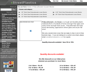polycarbonate-plastics.com: eStreetPlastics - plexiglass sheet supplier
eStreetPlastics - shop for plexiglass sheets, acrylic, styrene, lexan, polycarbonate, acrylic mirror, acrylic tubes, rods, and other plastics.