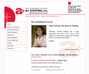 aplusstaffing.com: A+ Staffing - Finding the Right People... Makes A World of Difference ™
A+ Staffing, McHenry IL, A+ Staffing Incorporated
   is in business to provide our client companies with value driven staffing services and the best employees