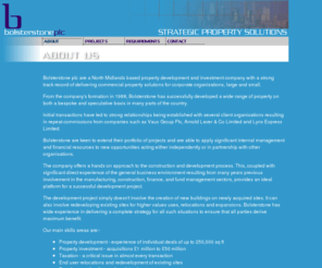 bolsterstone.com: Bolsterstone PLC - Strategic Property Solutions
Bolsterstone plc are a North Midlands based property development and investment company with a strong track record of delivering commercial property solutions for corporate organisations, large and small.