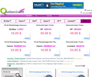 quebecencre.com: Solution de recharge de cartouches jet d'encre et laser toner avec Quebecencre.com Québec - Accueil
Rechargez vos Cartouches de jet d'encre et laser avec Quebecencre.com. Situé au Montréal Québec Canada, Quebecencre.com vous offre des cartouches laser réusinées et compatible de très haute qualité pour HP, Lexmark, Canon, Compaq, Dell, Epson, Xerox etc. Nous encourageons tout le monde á recycler et réutiliser les cartouches dans le but de préserver notre environnement. Venez économiser beaucoup d’argent avec Quebecencre.com