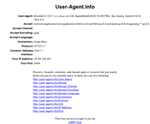 user-agent.info: User-Agent Info :: Full HTTP header information including User-Agent and IP Address
User-Agent.Info displays information about your User-Agent and other HTTP headers.