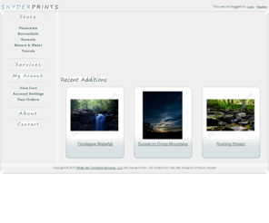 snyderprints.com: Snyder Prints - Photography, Landscapes, Surrealistic, Nature and more!
Panoramic, Surrealistic, Sunset, Nature & Water Photography.  Direct from the photographer.