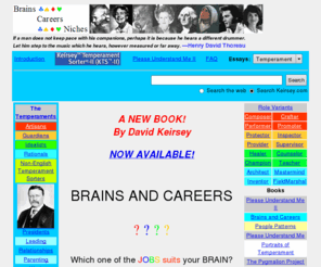 brainscareersniches.com: Brains and Careers
Keirsey Temperament Sorter and Temperament Theory, Keirsey Character Sorter, information about personality,  character, temperament, mating,leading, love, Publications of David Keirsey  Please Understand Me.