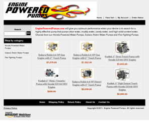 enginepoweredpumps.com: Engine Powered Pumps
Engine Powered Pumps offers a wide selection of Honda-powered and Subaru-powered pumps. These portable gas-powered water pumps are perfect for emergencies and natural disasters, but can be used for agriculture, construction, and home use as well.