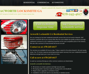 acworthlocksmithga.com: Acworth Locksmith GA - Acworth Locksmith GAs - 678-245-4617
Call Acworth Locksmith GA at  678-245-4617 For your locksmith concern. Acworth Locksmith GA is dedicated to provide the fastest and most professional locksmith service that you need 24/7 in Acworth, GA.