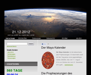 21dezember2012.org: Der 21. Dezember 2012 - Weltuntergang am 21.12.2012
Was passiert am 21. Dezember 2012. Ist das Jahr 2012 das Ende aller Tage. Weltuntergang Theorien und Prophezeiungen.