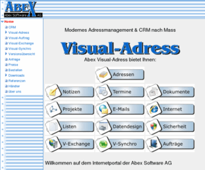 abex.ch: Abex Visual-Adress - Die komfortable CRM-Adressverwaltung
Die komfortable Adressverwaltung steht im Mittelpunkt der gesamten CRM-Applikation. Mit der Adressenverwaltung verknüpft sind Notizen, adressenbezogene Dokumente und Termine.