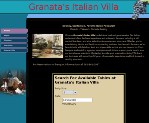 granatasitalianvilla.com: Italian restaurant, cocktails ,steak. fresh fish,pizza. Downey, California
Contact us or visit our Italian restaurant in Downey, California, for lasagna, ravioli, fresh seafood, Choice rib eye, lamb chops, cacciatore, and shrimp scampi.