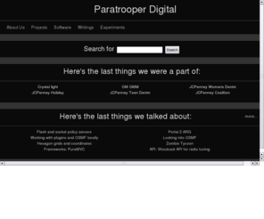 paratrooperdigital.com: Paratrooper Digital
For all things interactive visit paratrooperdigital.com. It contains the works, experiments, presentations, labs and blog postings of paratrooper digital.