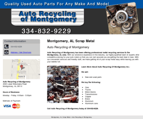 autorecyclingmontgomery.com: Montgomery, AL Scrap Metal - Auto Recycling of Montgomery
Auto Recycling of Montgomery is your one stop recycling center from cars to cans in Montgomery, AL. Call us at 334-832-9229 if you have additional questions.