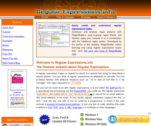 regexp.asia: Regular-Expressions.info - Regex Tutorial, Examples and Reference - Regexp Patterns
At Regular-Expressions.info you will find a wide range of in-depth information about a powerful search pattern language called regular expressions.