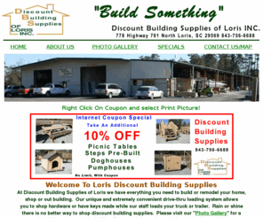 lorisdiscountbuildingsupplies.com: Loris Discount Building Supplies Loris, SC Home Page
Loris Discount Building Supplies Hwy 701 Loris, SC 29569DBS is your one stop drive-thru discount building supply warehouse offering everything to build just about anything and pre-built stairs, dog houses, pump houses, decks, play houses and more phone 843-756-6688