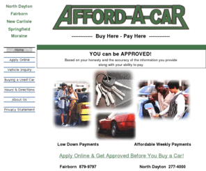 carsdayton.com: Afford-A-Car - Dayton, Ohio Used Cars - Buy Here Pay Here
Visit Afford-A-Carship for great deals on used cars - Buy here pay here. Serving all of North Dayton, New Carlisle, Fairborn and Springfield.