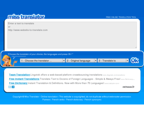 miss-translator.com: MISS TRANSLATOR - Free online translation tool
[FREE] Online translation french, english, spanish, italian, german, greek ...