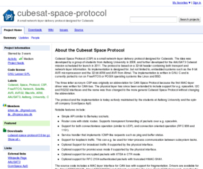 libcsp.org: cubesat-space-protocol -
 
 
 A small network-layer delivery protocol designed for Cubesats - Google Project Hosting
