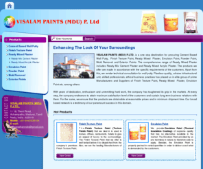 visalampaints.com: Textured Paints,Emulsion Paint,Powder Paint Suppliers
Textured Paints manufacturers - VISALAM PAINTS (MDU) P.LTD.. exporters, suppliers of Emulsion Paint india, indian Textured Paints,Powder Paint manufacturer, wholesale Emulsion Paint suppliers, Textured Paints, Emulsion Paint, Powder Paint