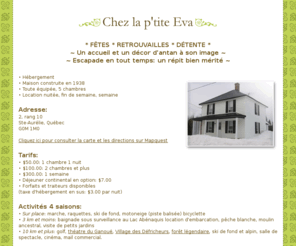 chezlaptiteeva.com: Chez la p'tite Eva
Maison située à Sainte-Aurélie, en Beauce (Québec): location nuitée, fin de semaine, semaine