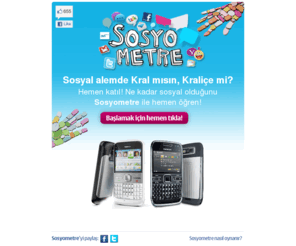 sosyometre.com: Yeni Nokia E5 ve E72, Sosyometre’yi gururla sunar
Bütün Facebook fanatiklerine, Twitterkoliklere ve chat şampiyonlarına çağrı: Nokia E5 ve E72 Sosyometre ile ne kadar sosyal olduğunu göster