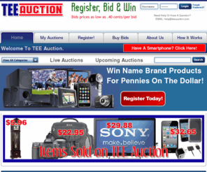 teeauction.com: Tee Auction - The Penny Auction Leader
Tee Auction is a unique Penny auction site that offers bargain auctions of Brand New premium products. Save up to 95% for new Ipod, LCD-TVs, Hifi/Electronics. Bid and Win high quality products and giftcards and tickets to premium events. 