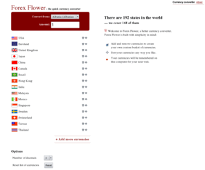 forexflower.com: Forex Flower - the quick currency converter
Currency converter (forex converter). Quick currency converter. clean and simple. Calculate all currencies at once. Forex Flower.
