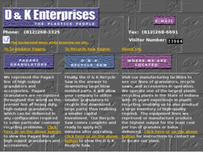 dkenterprise.com: D & K Enterprises - Plastic Recycling Machinery, Granulators, Grinders, Regrind, Saws, Shredders, Cyclones
Plastic Recycling is our business.  We manufacture and resell lines of machinery and accessories, which enables us to also produce a large inventory of high-quality regrind.  Ours is one of the largest plastic recycling plants in the State of Indiana with 35 years experience.  The equipment lines we represent or manufacture produce the highest output for the least cost per ton of granules or bales delivered.