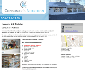 consumersnutrition.net: Dietician Hyannis, MA - Consumer’s Nutrition 508-775-2905
Consumer’s Nutrition provides shampoos and conditioners, 5 hour energy drink, maxgxl. cellular energy protection to Hyannis, MA. Call 508-775-2905