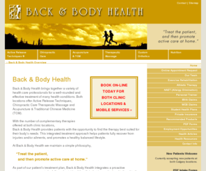 backandbodyhealth.com: Calgary chiropractor | massage therapy | acupuncture | allergy relief clinic
Calgary massage therapy, chiropractic care, acupuncture & traditional Chinese medicine, active release techniques clinic.