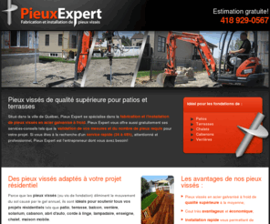 pieux-expert.com: Pieux Expert >  Pieux vissés en acier galvanisé, patios, terrasses, qualité supérieure, service rapide
Fabrication et installation de pieux vissés en acier galvanisé de qualité supérieure pour patio, terrasse, balcon, verrière, etc. (Ville de Québec)