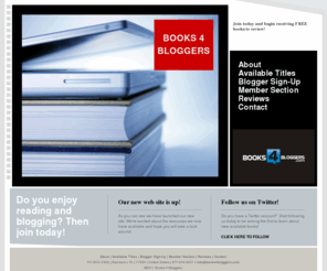 books4bloggers.com: Home :: Books 4 Bloggers
Books 4 Bloggers connects authors and publishers with bloggers who will read and review their book on their blog and on retail websites.