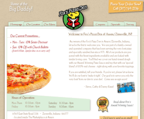 foxspizzazionsville.com: Welcome to Fox's Pizza Den, Anson Zionsville, IN!
We are part of a family-owned and operated company that has been serving the very best pizza and specialty sandwiches since 1971.  Our products are prepared with the finest ingredients available.