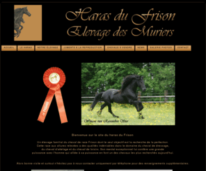 haras-du-frison.com: Le Haras du Frison - Elevage des Muriers
Haras du Frison - Elevage des Muriers. Un élevage familial du cheval de race Frison dont le seul objectif est la recherche de la perfection. Cette race aux allures relevées a des qualités indéniables dans le domaine du cheval de dressage, du cheval d'attelage et du cheval de loisirs. Son mental exceptionnel lui confère une grande puissance avec l'homme qui alliée à sa puissance en font un des chevaux les plus recherchés aujourd'hui.