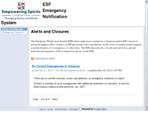 esfalert.com: ESF Emergency Notification System
The ENS alerts employees, contractors, volunteers, and/or ESF visitors of potential dangers, office closures, or ESF event cancellations.