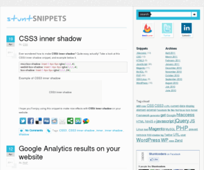 stuntsnippets.com: stuntSnippets - where you find your snippet easily
We give you PHP, MySQL, JavaScript, CSS, and other snippets the way you like them. Short and clear.